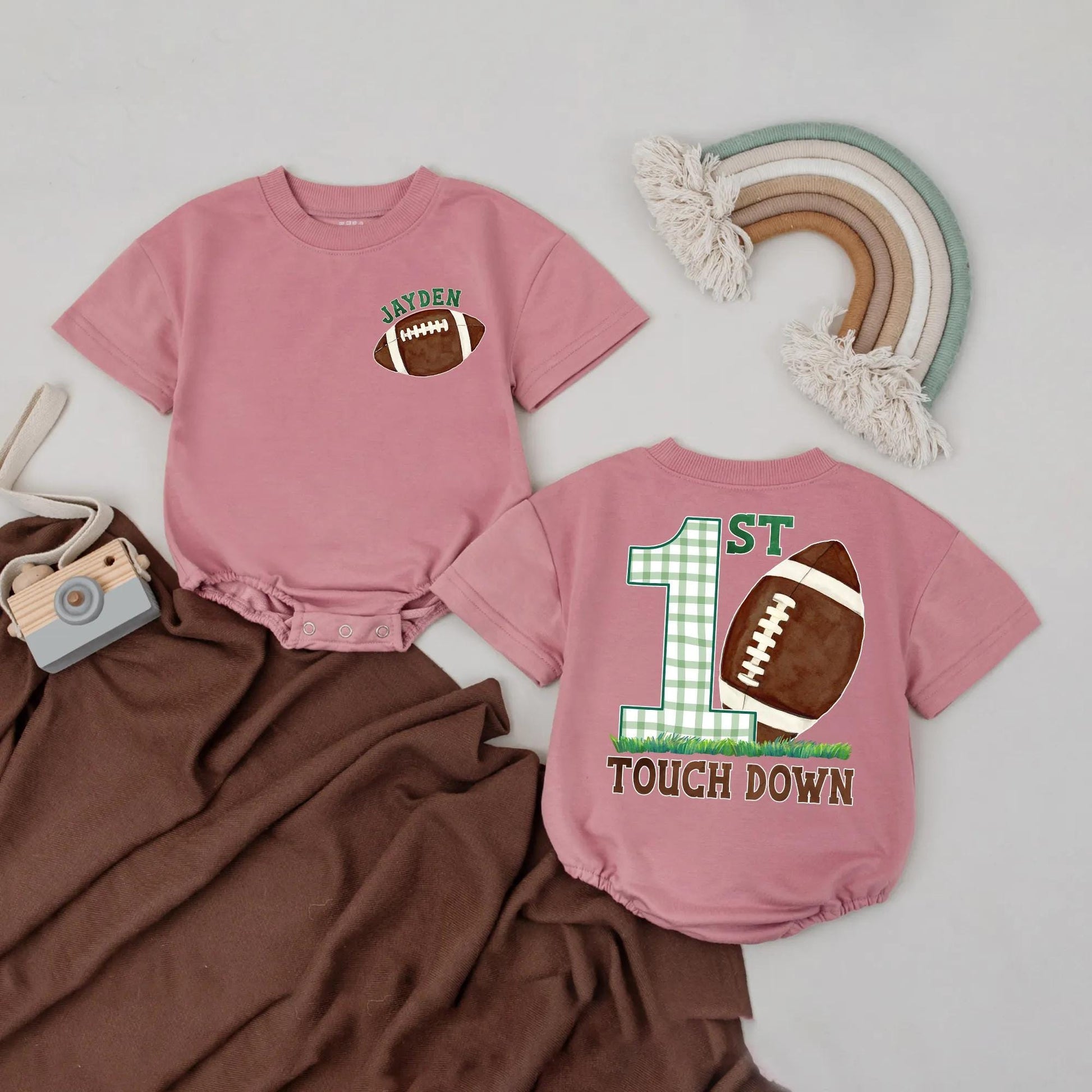 Personalized 1st Birthday Football Romper: Touchdown Outfit for Baby Boy or Girl, Custom Name Sport Bodysuit, First Game Day Party Clothes, Brown & Green