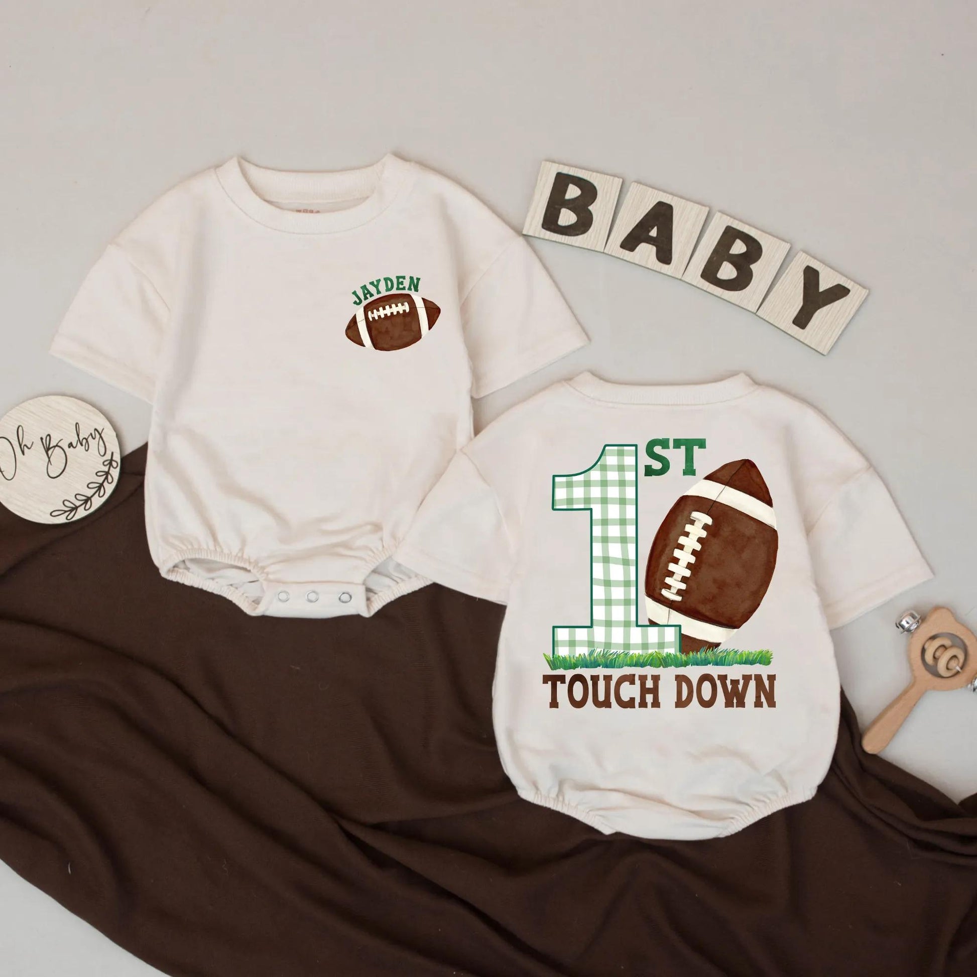 Personalized 1st Birthday Football Romper: Touchdown Outfit for Baby Boy or Girl, Custom Name Sport Bodysuit, First Game Day Party Clothes, Brown & Green