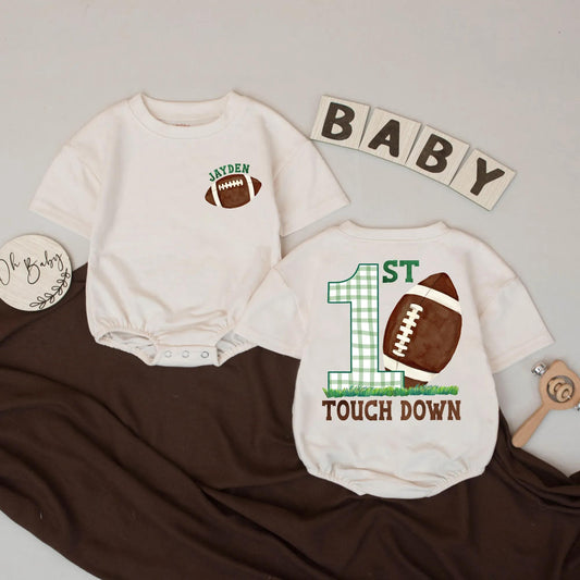 Personalized 1st Birthday Football Romper: Touchdown Outfit for Baby Boy or Girl, Custom Name Sport Bodysuit, First Game Day Party Clothes, Brown & Green