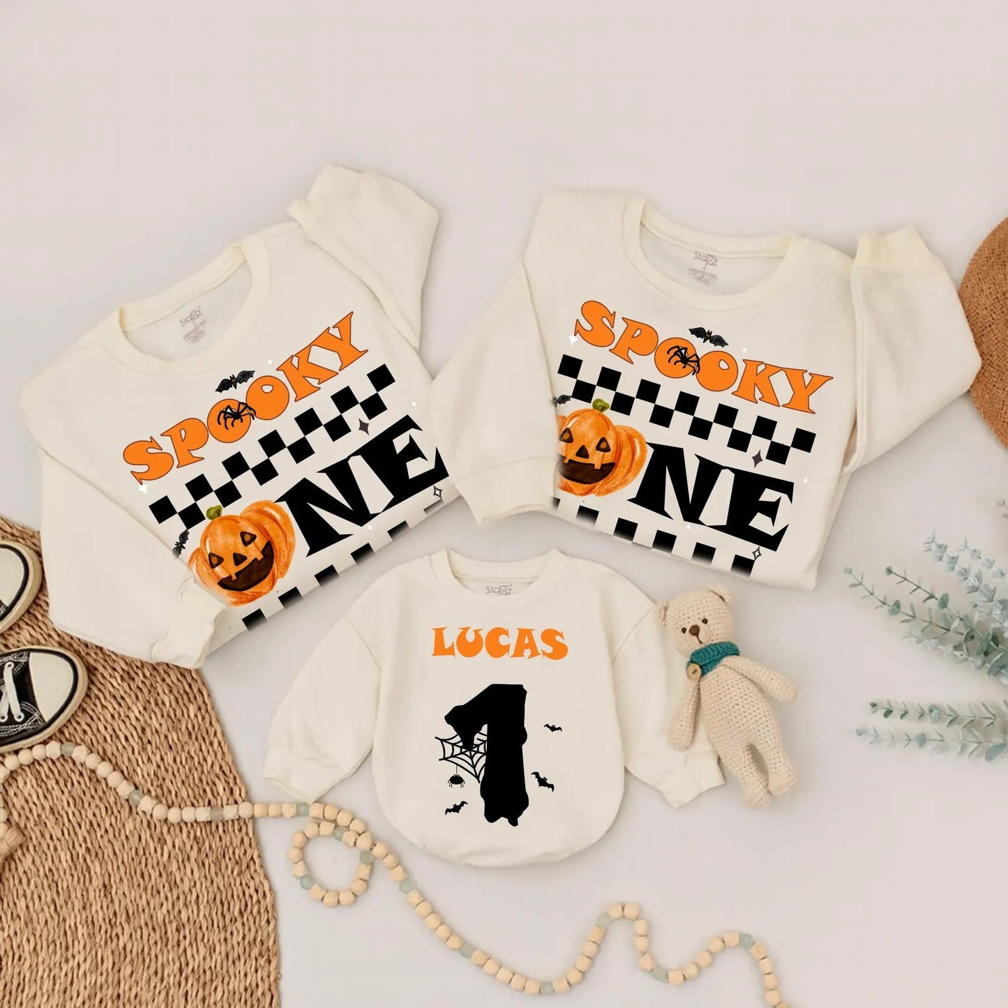 Personalized Spooky One Halloween Family Matching Sweatshirts Baby Boy First Birthday Outfit Orange Pumpkin Bats Spider Web Design