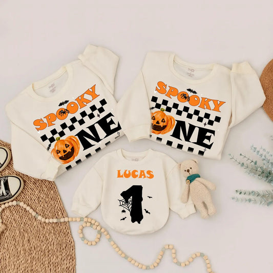 Personalized Spooky One Halloween Family Matching Sweatshirts Baby Boy First Birthday Outfit Orange Pumpkin Bats Spider Web Design