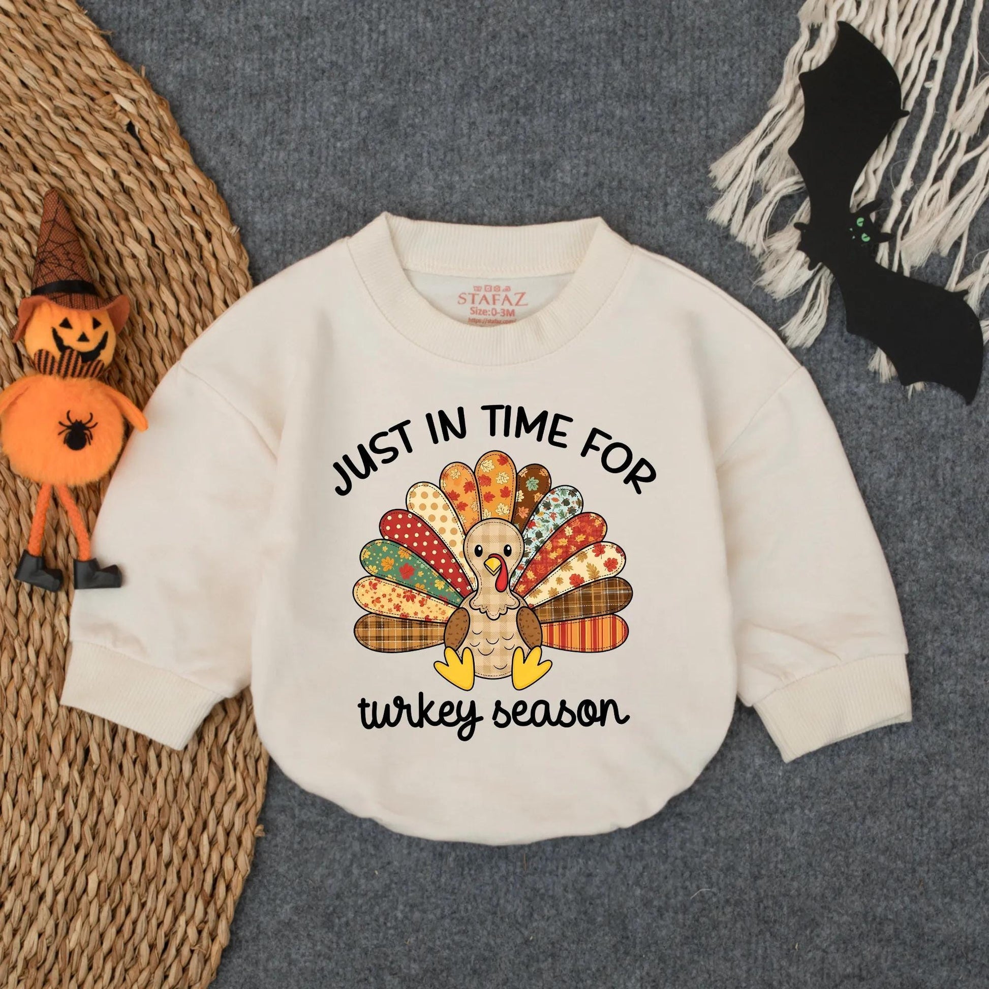 Patchwork Turkey Season Baby Bubble Romper with Floral Polka Dot Plaid Designs Fun Festive Thanksgiving Toddler Infant Outfit for Turkey Day Gift