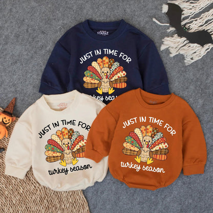 Patchwork Turkey Season Baby Bubble Romper with Floral Polka Dot Plaid Designs Fun Festive Thanksgiving Toddler Infant Outfit for Turkey Day Gift