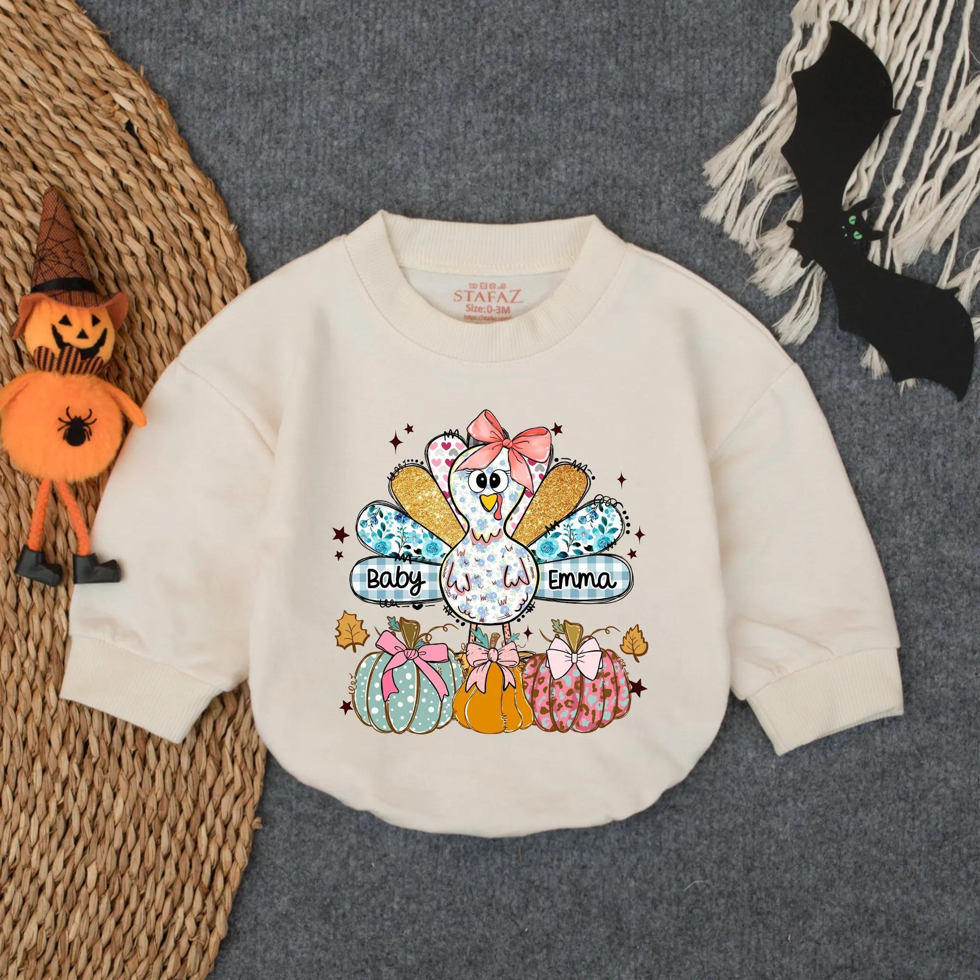 Personalized Baby Emma's 1st Thanksgiving Romper, Cute Turkey & Pumpkin Fall Outfit, Custom Infant Girl Clothes, Autumn Star & Leaf Gift (139 chars)