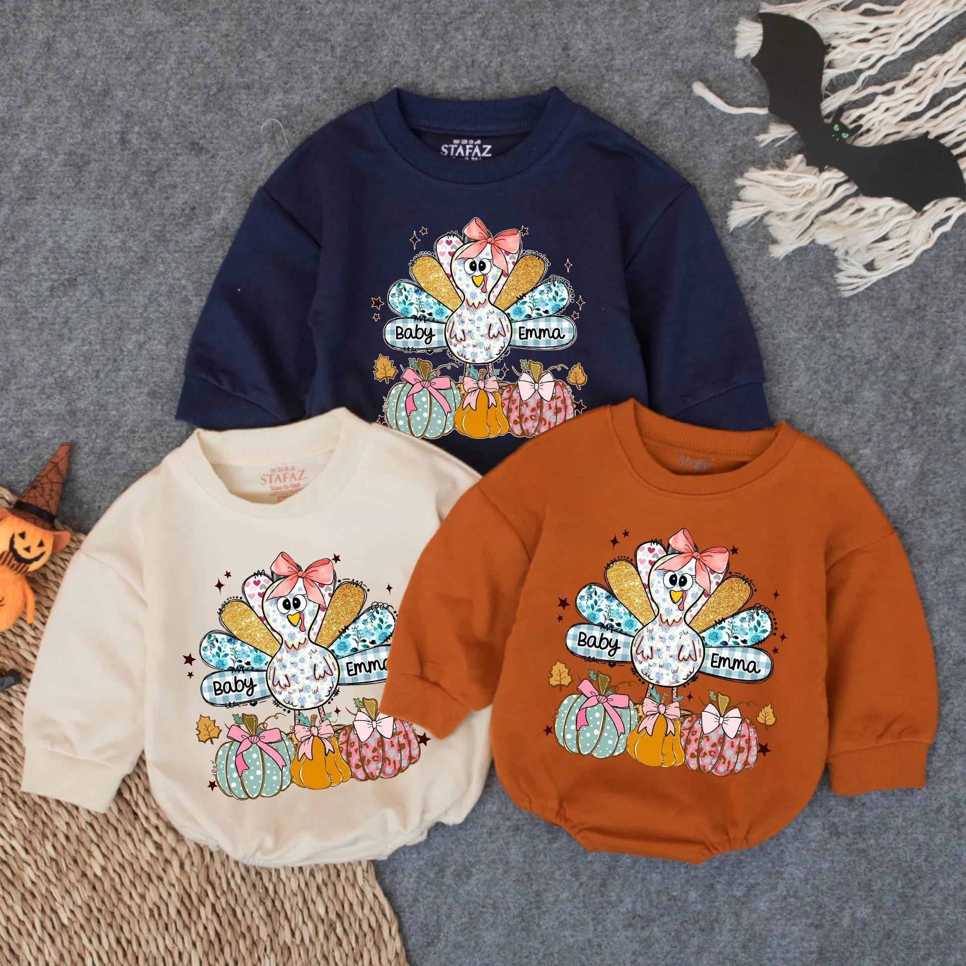Personalized Baby Emma's 1st Thanksgiving Romper, Cute Turkey & Pumpkin Fall Outfit, Custom Infant Girl Clothes, Autumn Star & Leaf Gift (139 chars)
