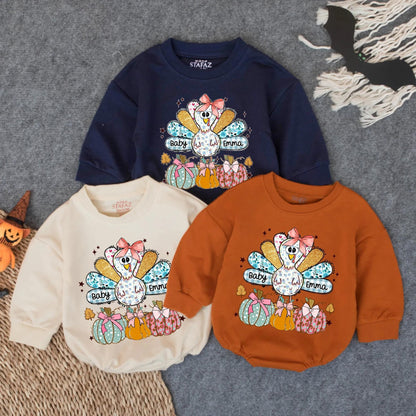 Personalized Baby Emma's 1st Thanksgiving Romper, Cute Turkey & Pumpkin Fall Outfit, Custom Infant Girl Clothes, Autumn Star & Leaf Gift (139 chars)