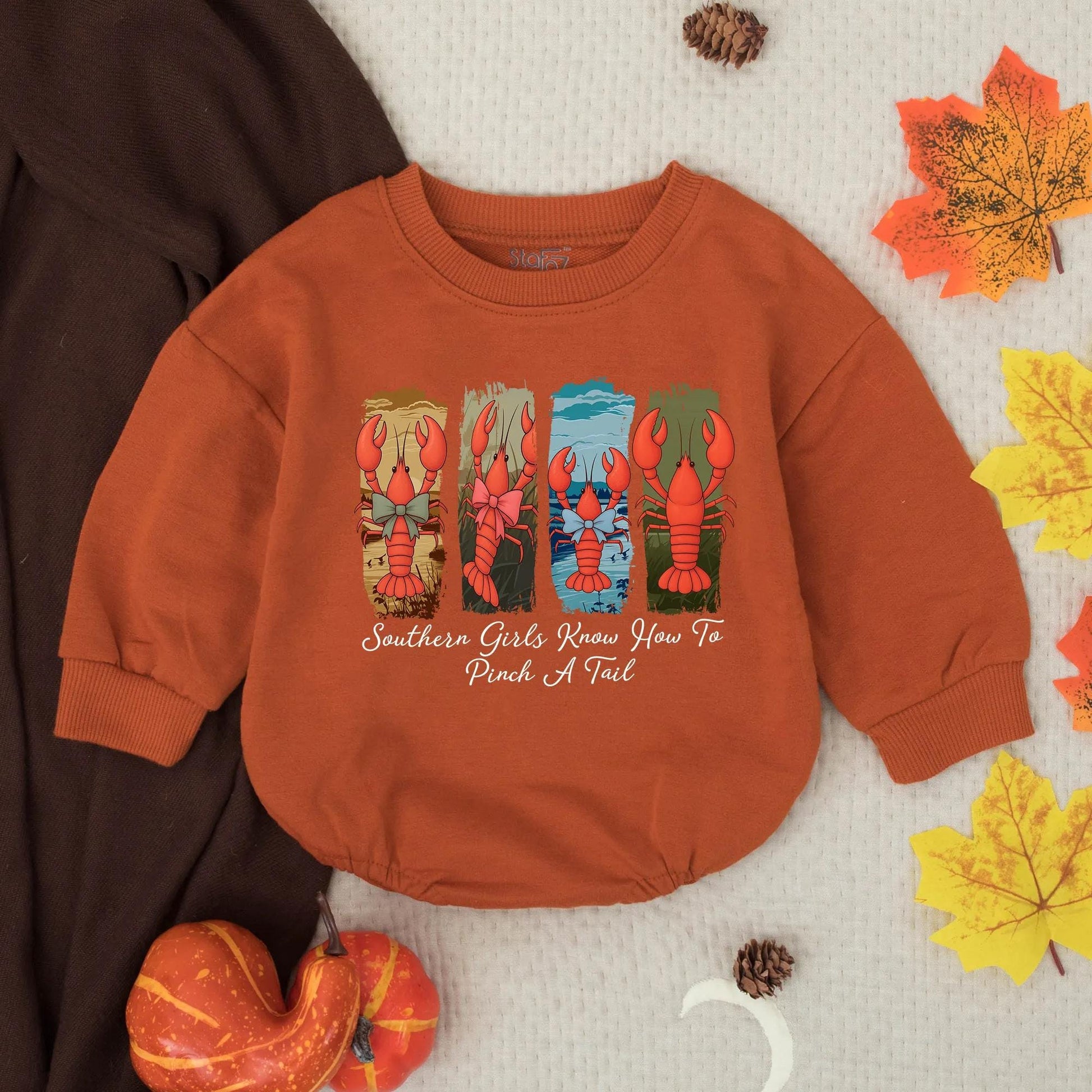Southern Charm Crawfish Romper: 'Pinch a Tail' Fun! Baby Girl's Country Outfit with Red Crawfish Bow Ties, Toddler Sweatshirt Gift 130-140 Characters