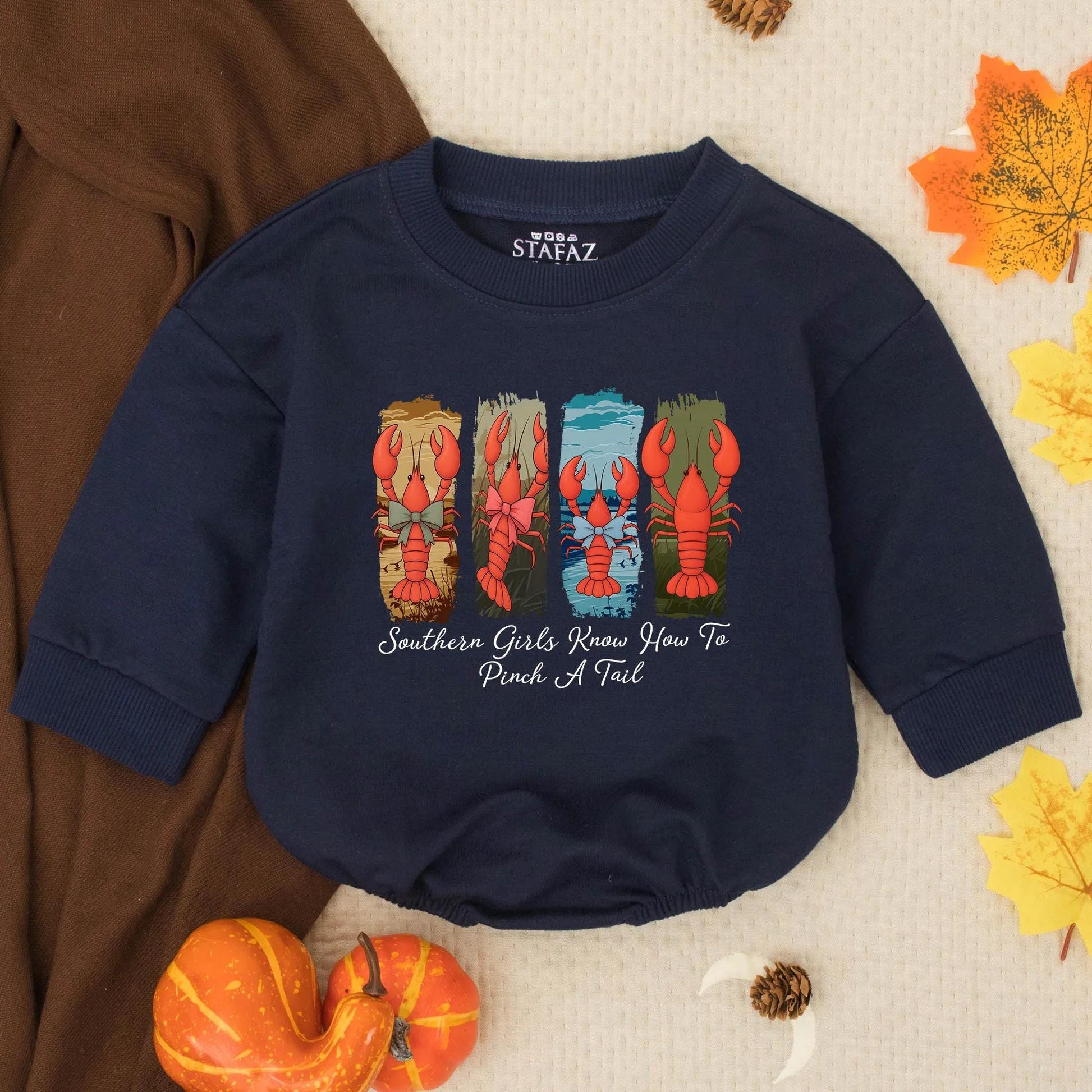 Southern Charm Crawfish Romper: 'Pinch a Tail' Fun! Baby Girl's Country Outfit with Red Crawfish Bow Ties, Toddler Sweatshirt Gift 130-140 Characters