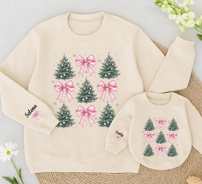 Personalized Matching Family Christmas Tree Pink Bow Outfits Green Trees Pink Ornaments Snowflakes Girly Winter Holiday Apparel with Names