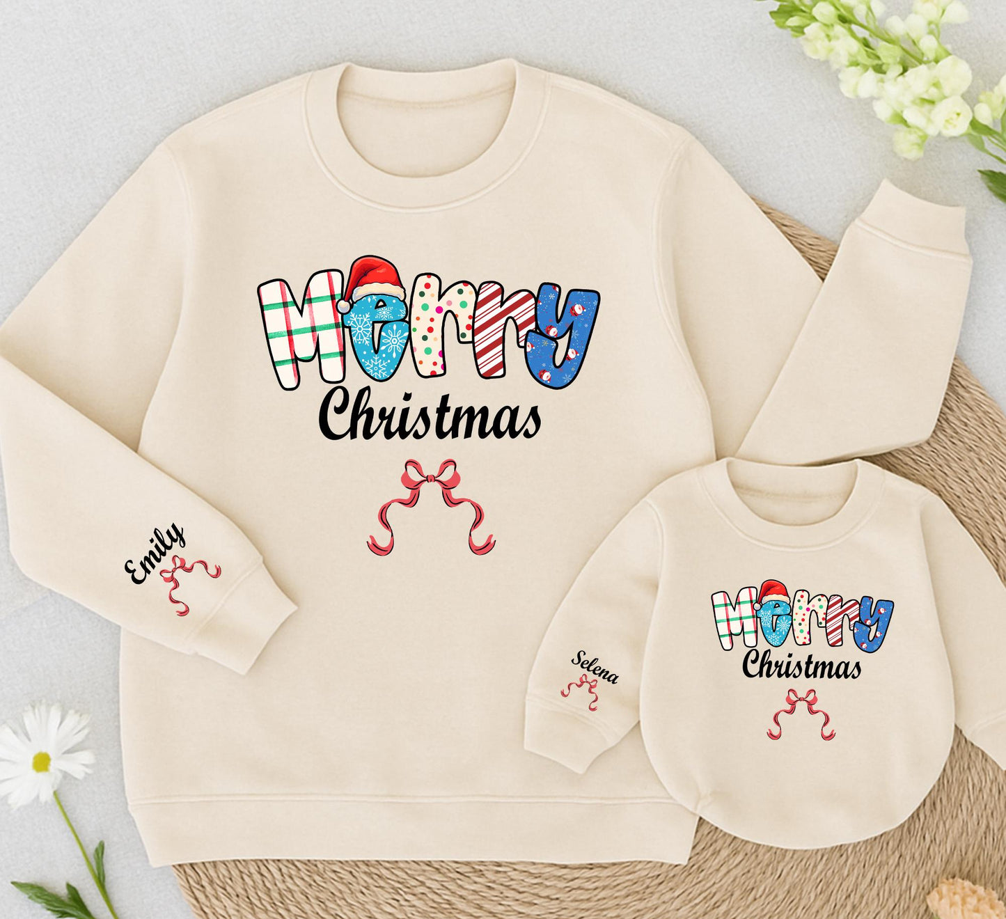 Merry Christmas Sweatshirt Personalized Holiday Sweater with Bows, Trendy Xmas Outfit for Women, Toddler, Baby Romper - Emily & Selena Names 138