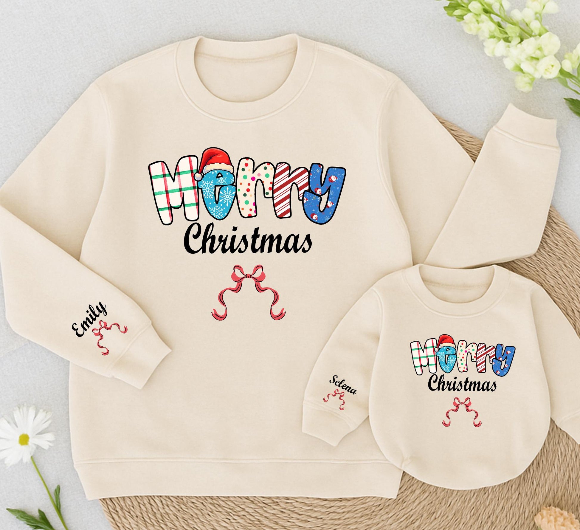 Merry Christmas Sweatshirt Personalized Holiday Sweater with Bows, Trendy Xmas Outfit for Women, Toddler, Baby Romper - Emily & Selena Names 138