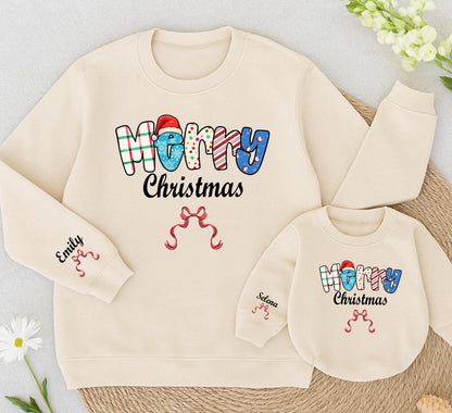 Merry Christmas Sweatshirt Personalized Holiday Sweater with Bows, Trendy Xmas Outfit for Women, Toddler, Baby Romper - Emily & Selena Names 138