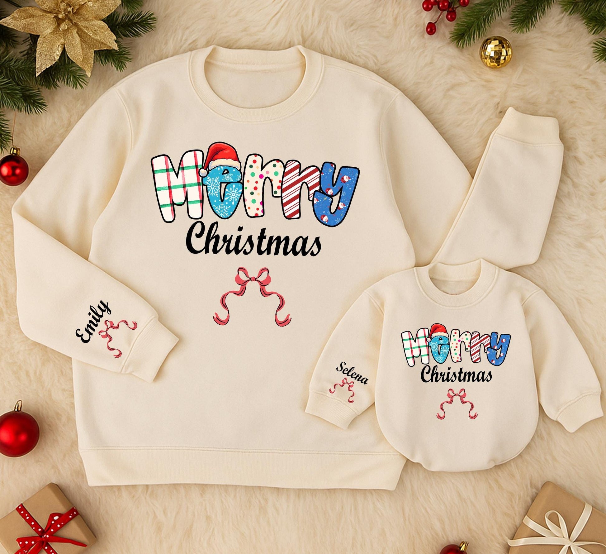 Merry Christmas Sweatshirt Personalized Holiday Sweater with Bows, Trendy Xmas Outfit for Women, Toddler, Baby Romper - Emily & Selena Names 138
