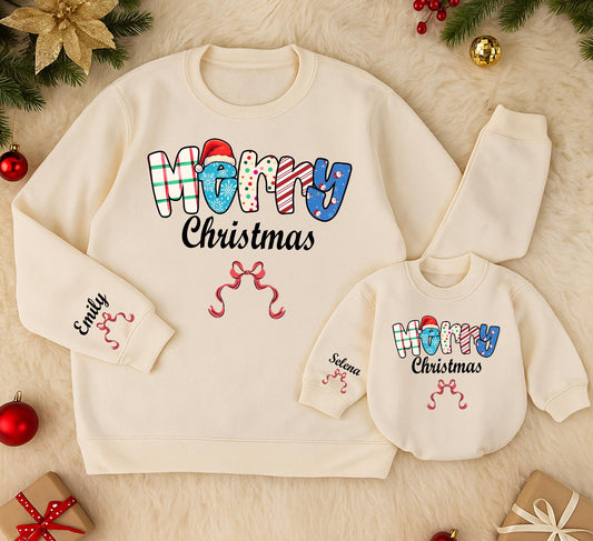 Merry Christmas Sweatshirt Personalized Holiday Sweater with Bows, Trendy Xmas Outfit for Women, Toddler, Baby Romper - Emily & Selena Names 138