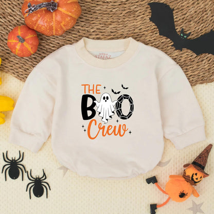 Cute Retro Halloween Boo Crew Baby Romper Ghost Spiderweb White Orange Adorable Little Ghost and Bat Accents Fun Baby Boy Outfit Shower Gift