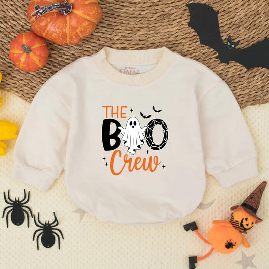 Cute Retro Halloween Boo Crew Baby Romper Ghost Spiderweb White Orange Adorable Little Ghost and Bat Accents Fun Baby Boy Outfit Shower Gift
