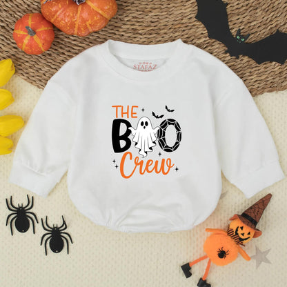 Cute Retro Halloween Boo Crew Baby Romper Ghost Spiderweb White Orange Adorable Little Ghost and Bat Accents Fun Baby Boy Outfit Shower Gift