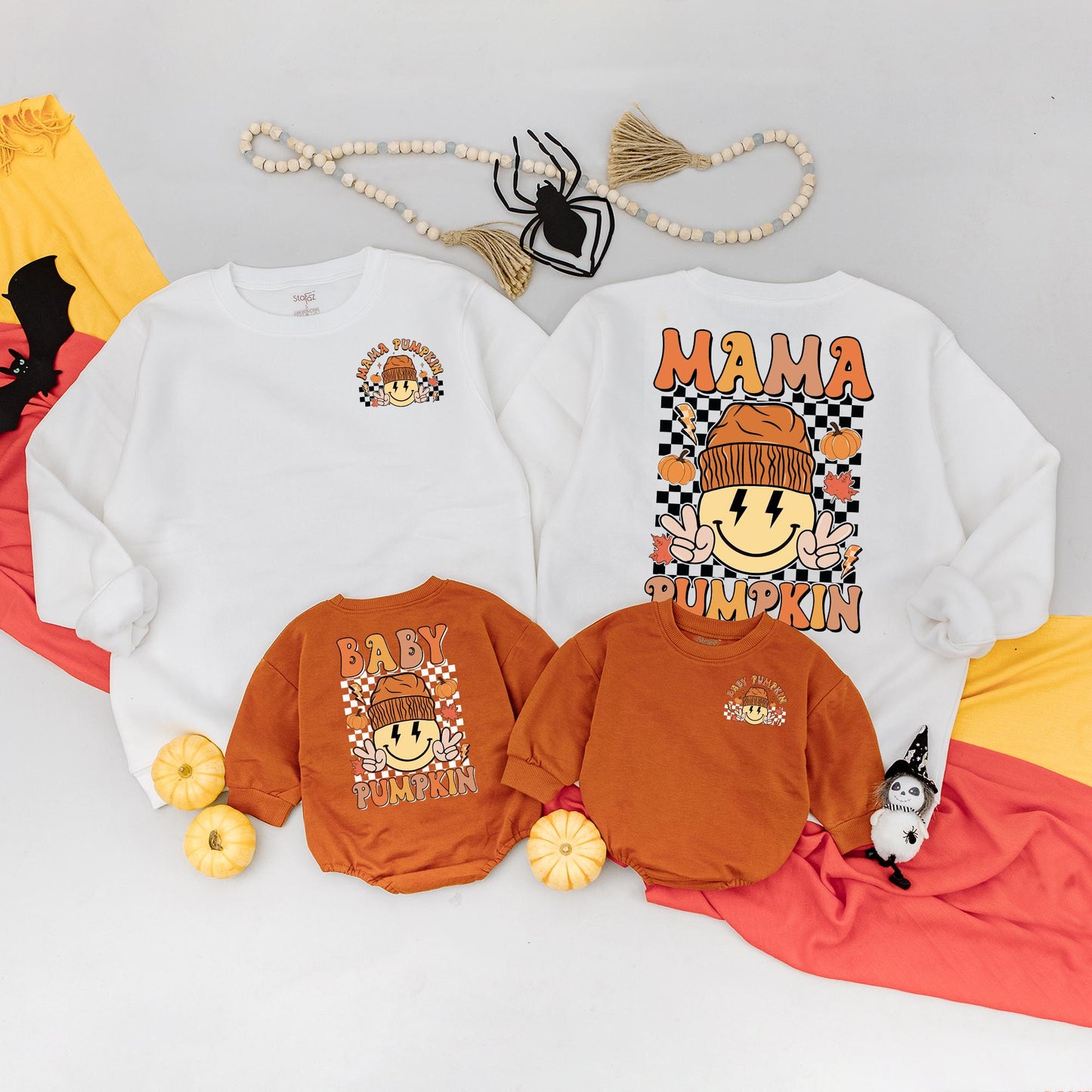 Mommy and Me Mama Pumpkin Baby Pumpkin Matching Fall Halloween Sweatshirt Outfit for Mom & Baby, Retro Smiley Design Cheerful Autumn Thanksgiving Clothes