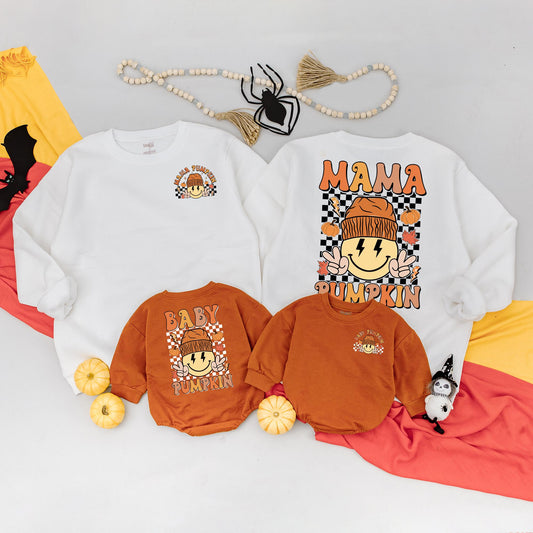 Mommy and Me Mama Pumpkin Baby Pumpkin Matching Fall Halloween Sweatshirt Outfit for Mom & Baby, Retro Smiley Design Cheerful Autumn Thanksgiving Clothes