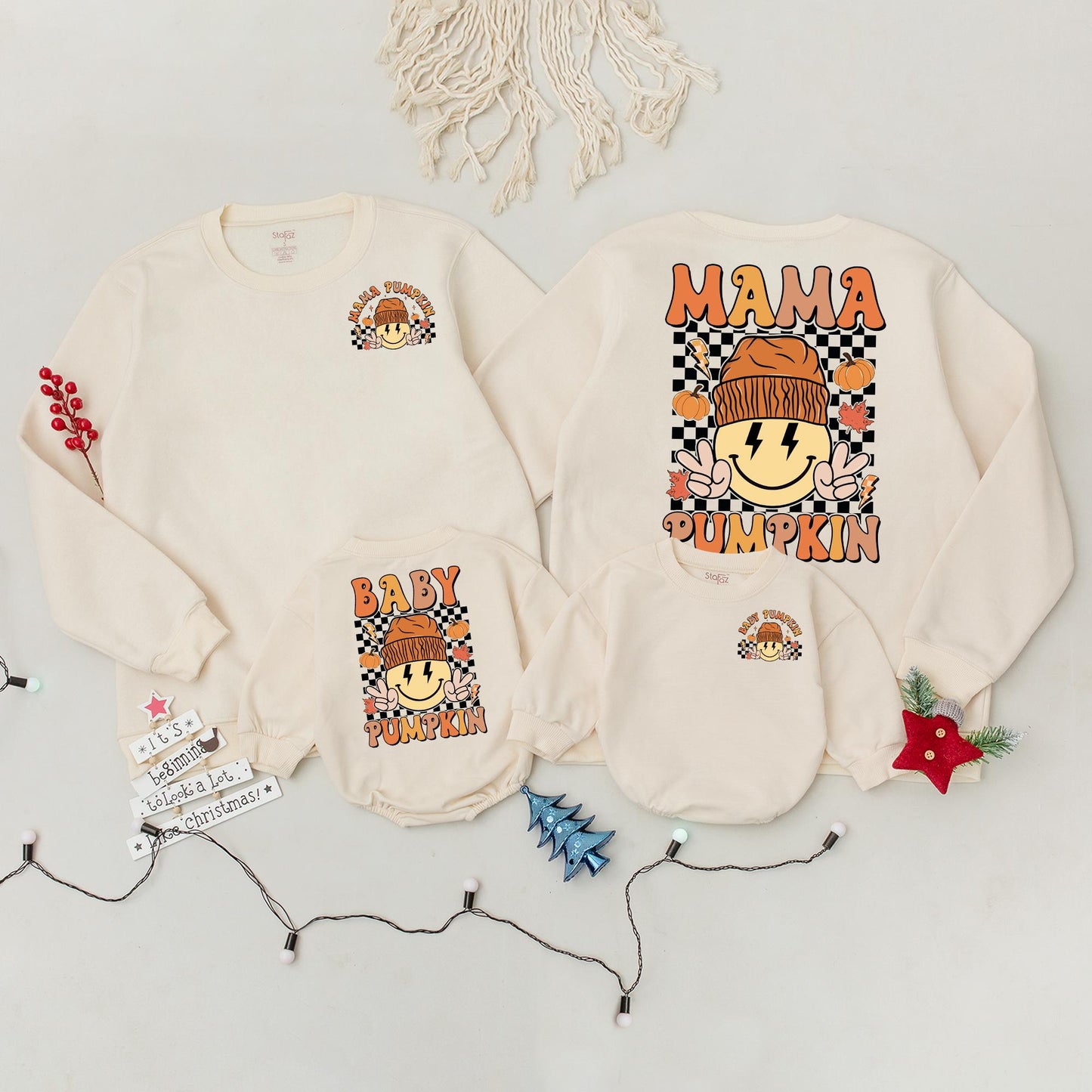 Mommy and Me Mama Pumpkin Baby Pumpkin Matching Fall Halloween Sweatshirt Outfit for Mom & Baby, Retro Smiley Design Cheerful Autumn Thanksgiving Clothes