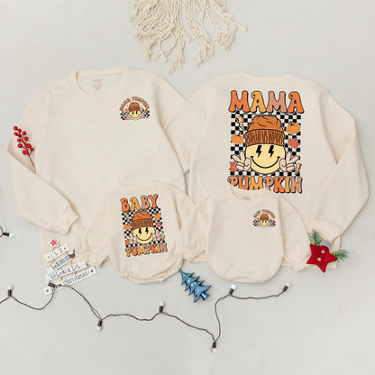 Mommy and Me Mama Pumpkin Baby Pumpkin Matching Fall Halloween Sweatshirt Outfit for Mom & Baby, Retro Smiley Design Cheerful Autumn Thanksgiving Clothes