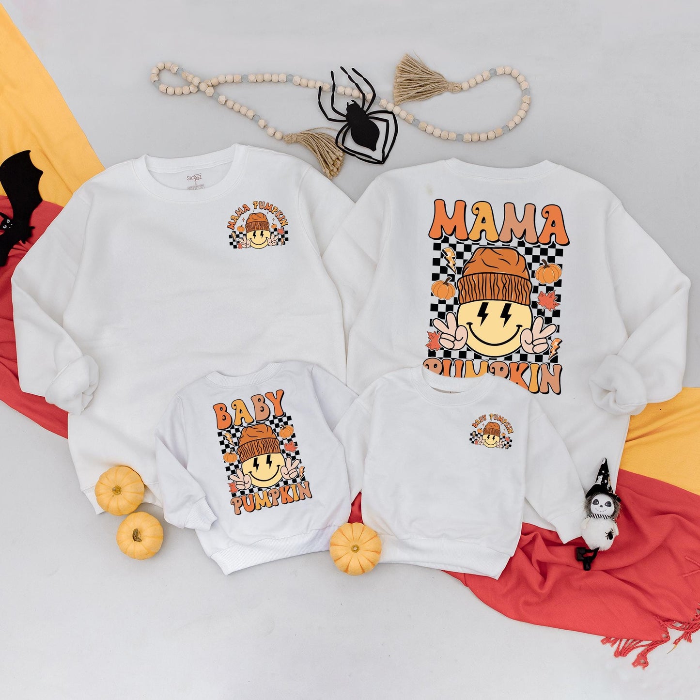 Mommy and Me Mama Pumpkin Baby Pumpkin Matching Fall Halloween Sweatshirt Outfit for Mom & Baby, Retro Smiley Design Cheerful Autumn Thanksgiving Clothes