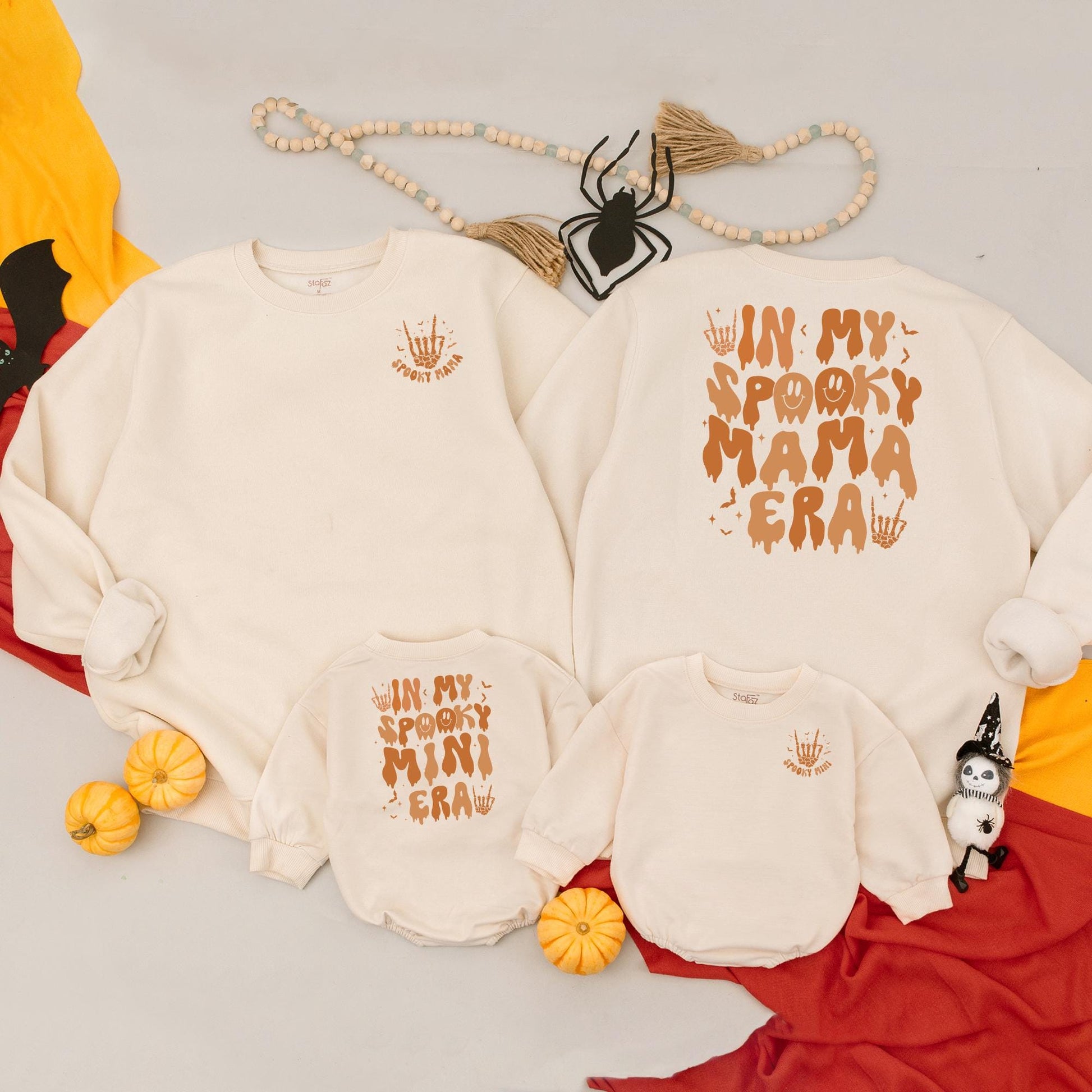 Spooky Mama Era & Mini Matching Halloween Sweatshirt Baby Outfit Mom Baby Rock On Skeleton Hand Warm Orange Autumn Festive Fall Clothes