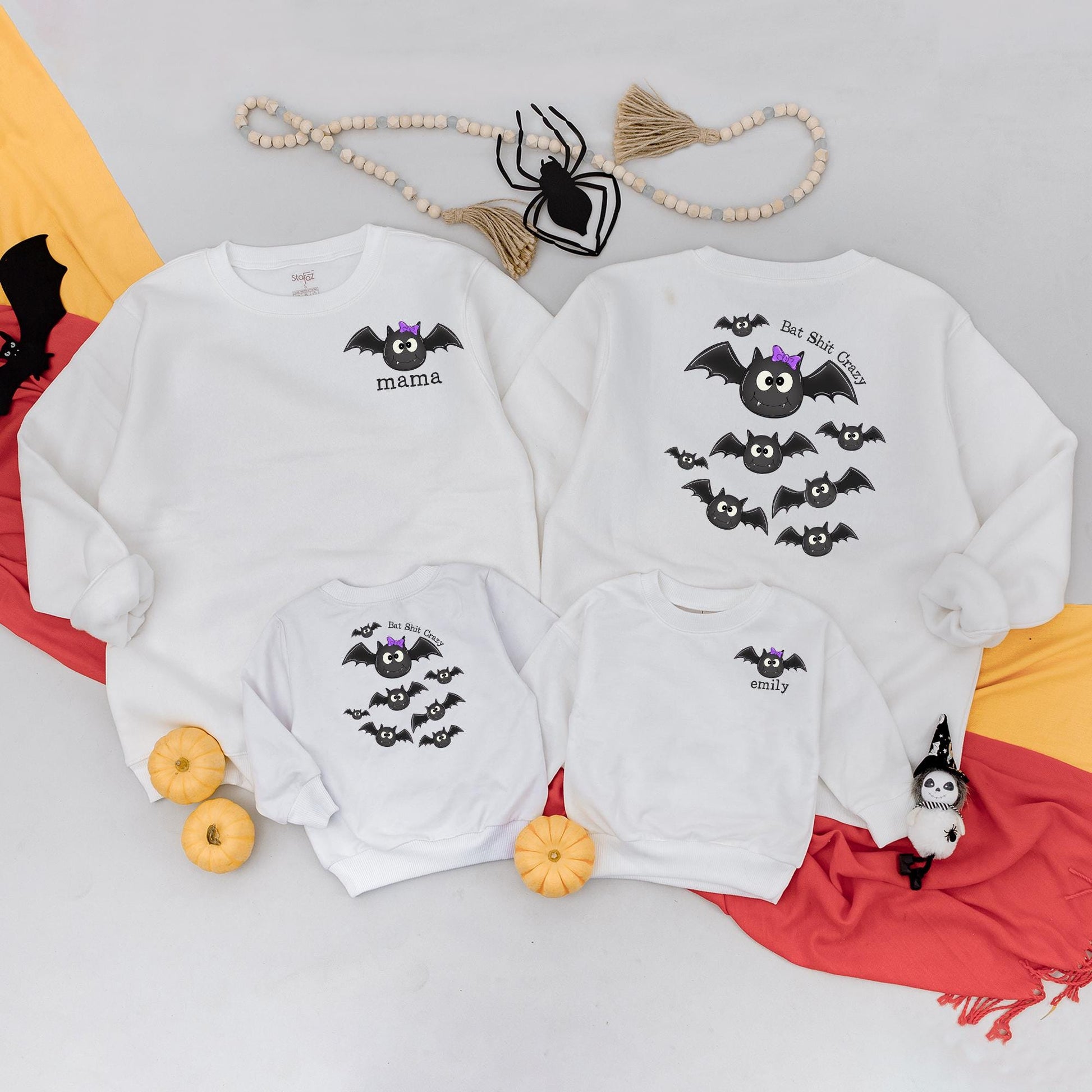 Custom 'Emily' Bat Romper & Mama Sweatshirt Set, Spooky Cute Halloween Matching Outfit, Personalized Mom and Baby Fall Clothes, Bat Shit Crazy Style (138 chars)