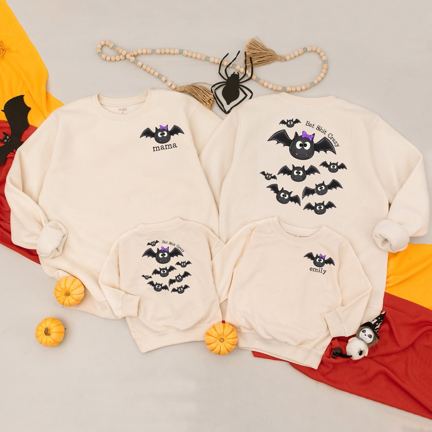 Custom 'Emily' Bat Romper & Mama Sweatshirt Set, Spooky Cute Halloween Matching Outfit, Personalized Mom and Baby Fall Clothes, Bat Shit Crazy Style (138 chars)