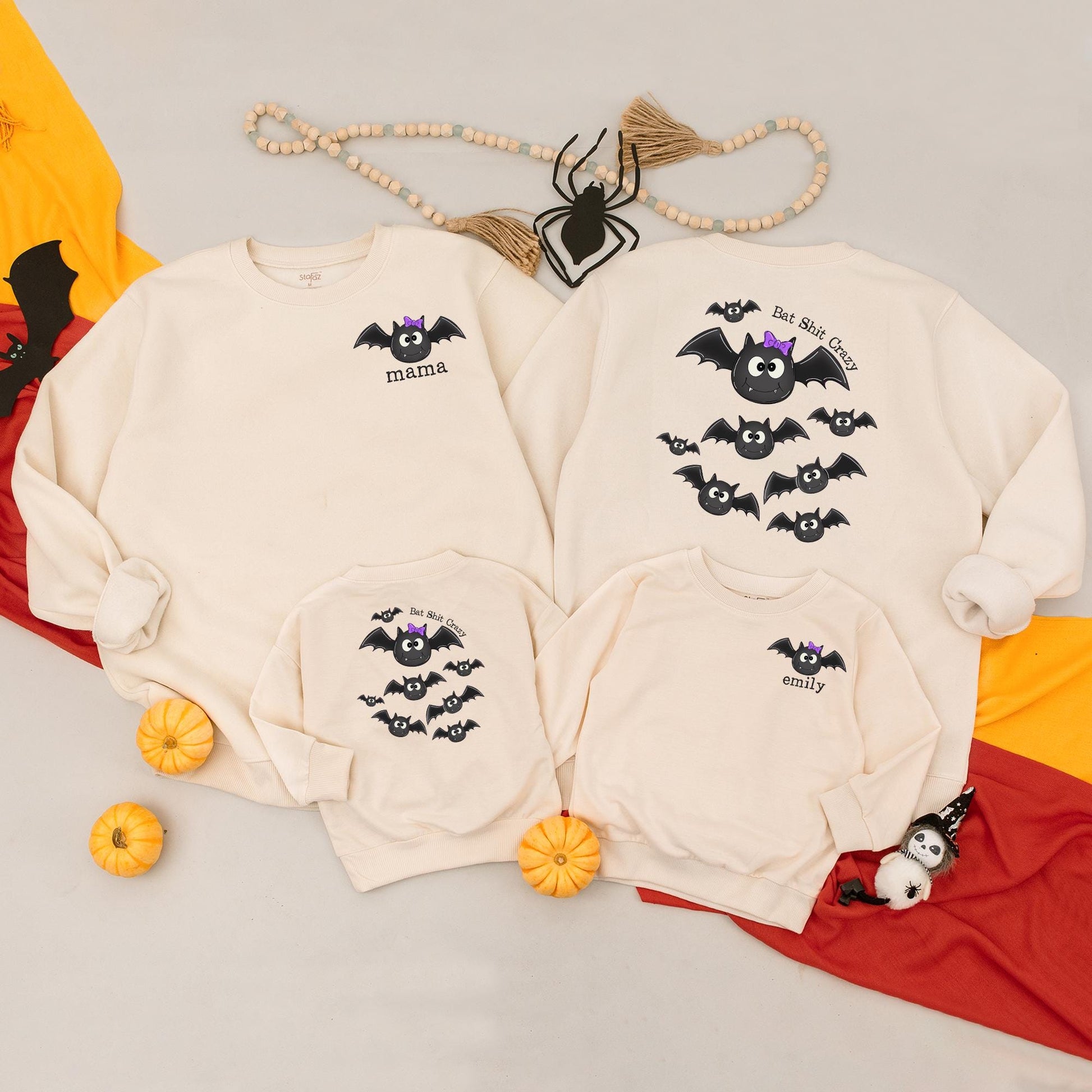 Custom 'Emily' Bat Romper & Mama Sweatshirt Set, Spooky Cute Halloween Matching Outfit, Personalized Mom and Baby Fall Clothes, Bat Shit Crazy Style (138 chars)