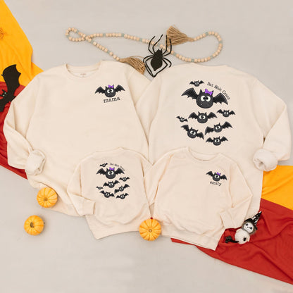 Custom 'Emily' Bat Romper & Mama Sweatshirt Set, Spooky Cute Halloween Matching Outfit, Personalized Mom and Baby Fall Clothes, Bat Shit Crazy Style (138 chars)
