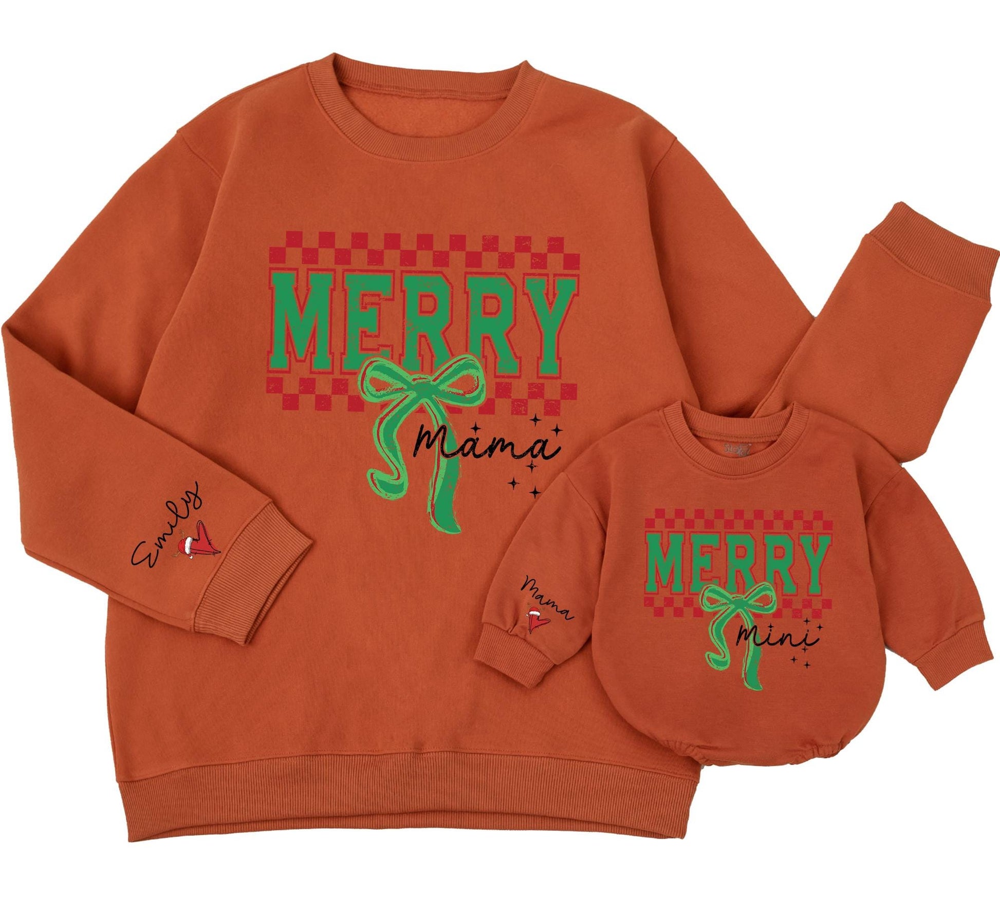 Personalized Merry Mama Mini Matching Christmas Sweatshirt Mom Daughter Baby Holiday Sweater with Emily Santa Hat Green Red Checkerboard Distressed
