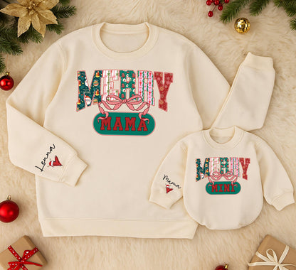 Retro Merry Mama & Mini Sweatshirt Set, Vintage Christmas Family Outfit, Red Green Pink Holiday Sweaters, Mom Daughter Matching Xmas Gift Idea 139