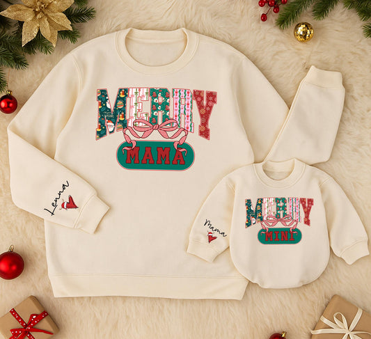 Retro Merry Mama & Mini Sweatshirt Set, Vintage Christmas Family Outfit, Red Green Pink Holiday Sweaters, Mom Daughter Matching Xmas Gift Idea 139