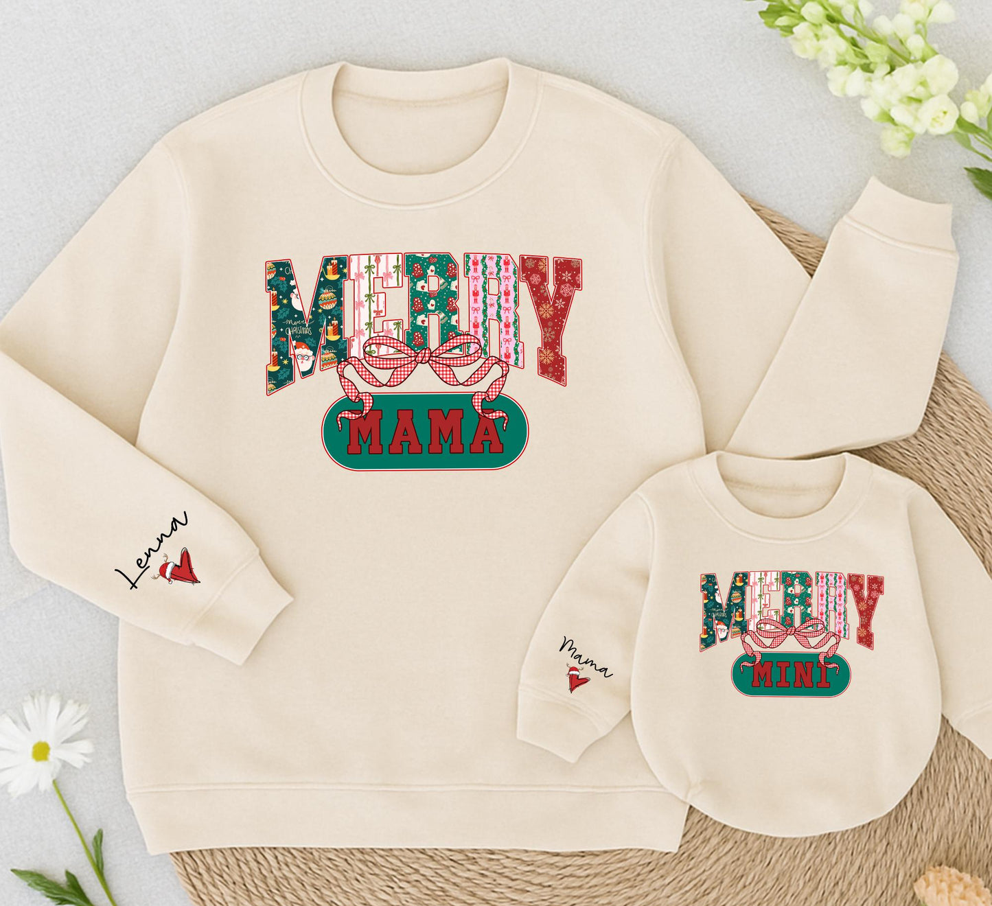 Retro Merry Mama & Mini Sweatshirt Set, Vintage Christmas Family Outfit, Red Green Pink Holiday Sweaters, Mom Daughter Matching Xmas Gift Idea 139