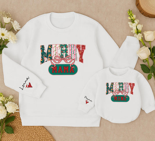 Retro Merry Mama & Mini Sweatshirt Set, Vintage Christmas Family Outfit, Red Green Pink Holiday Sweaters, Mom Daughter Matching Xmas Gift Idea 139