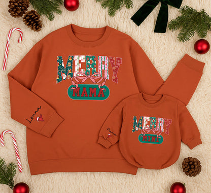 Retro Merry Mama & Mini Sweatshirt Set, Vintage Christmas Family Outfit, Red Green Pink Holiday Sweaters, Mom Daughter Matching Xmas Gift Idea 139