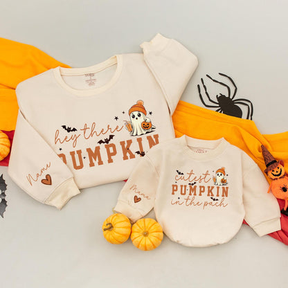 Hey There Pumpkin Matching Family Sweatshirt Romper Set, Cutest Ghost Halloween Outfit, Fall Mommy and Me Clothes, Spooky Season Baby Outfit 139
