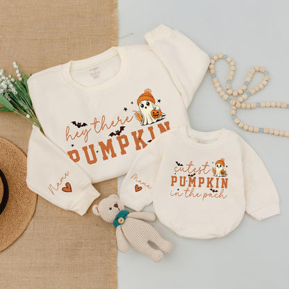 Hey There Pumpkin Matching Family Sweatshirt Romper Set, Cutest Ghost Halloween Outfit, Fall Mommy and Me Clothes, Spooky Season Baby Outfit 139