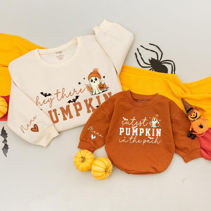 Hey There Pumpkin Matching Family Sweatshirt Romper Set, Cutest Ghost Halloween Outfit, Fall Mommy and Me Clothes, Spooky Season Baby Outfit 139