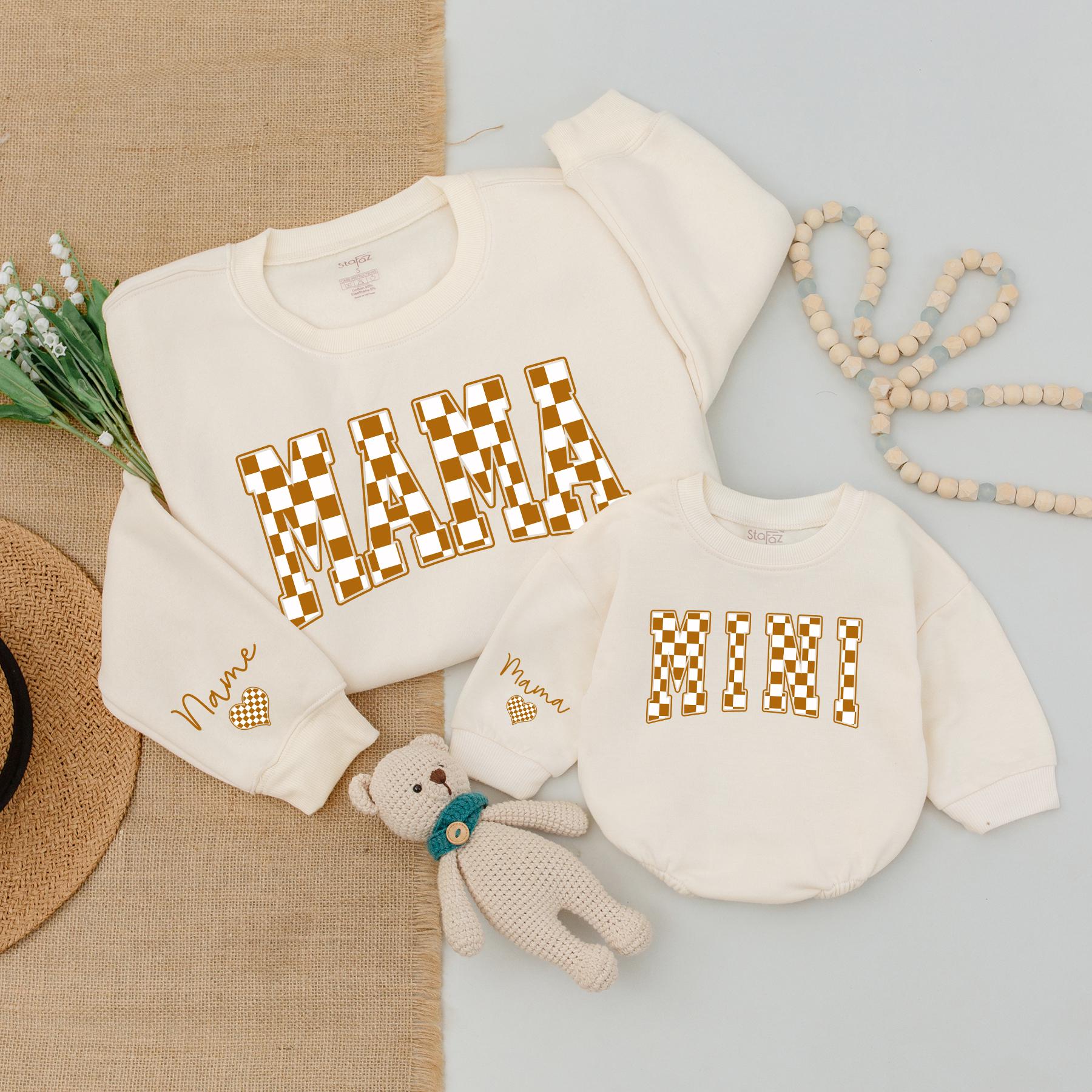 Matching Mama Mini Plaid Sweatshirt Set Fall Outfit Mom Baby Clothes Custom Name Heart, Autumn Family Matching Gifts
