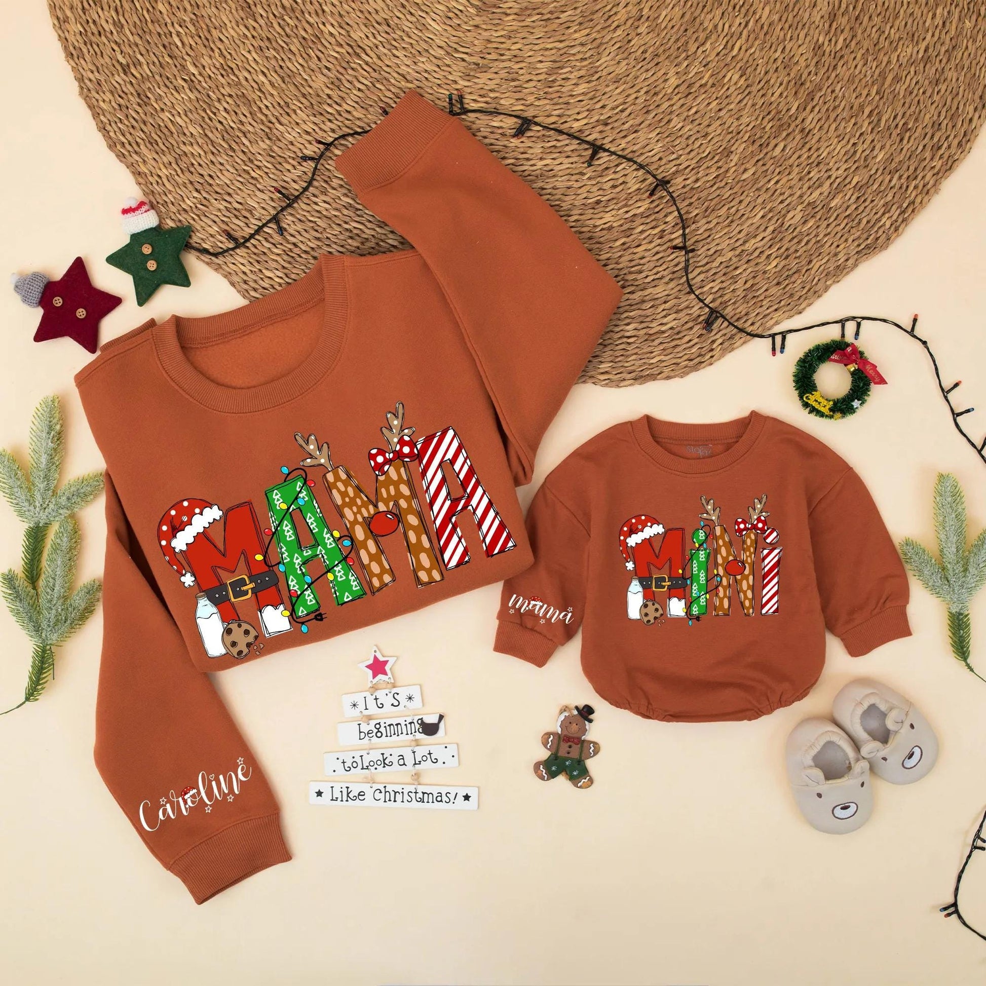 Matching Christmas Mama and Mini Sweatshirts, Festive Holiday Family Outfits with Santa Hats & Candy Cane Stripes, Mom and Daughter Gift (139 chars)
