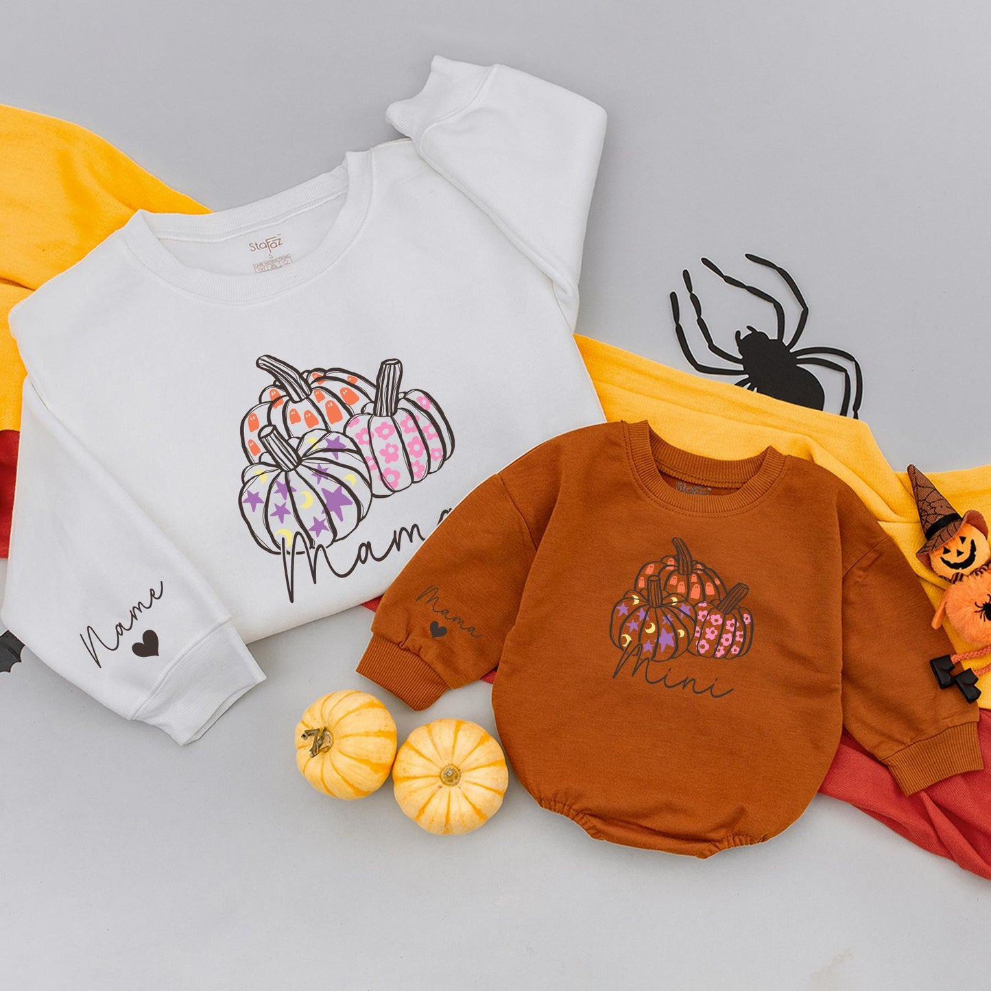 Personalized Mama and Mini Pumpkin Matching Fall Sweatshirt Outfit, Mommy and Me, Baby Girl Clothes, Autumn Family Gift, Custom Heart Wrist