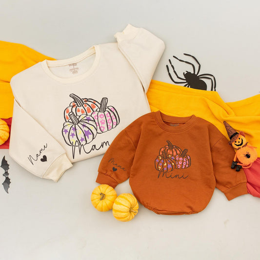 Personalized Mama and Mini Pumpkin Matching Fall Sweatshirt Outfit, Mommy and Me, Baby Girl Clothes, Autumn Family Gift, Custom Heart Wrist