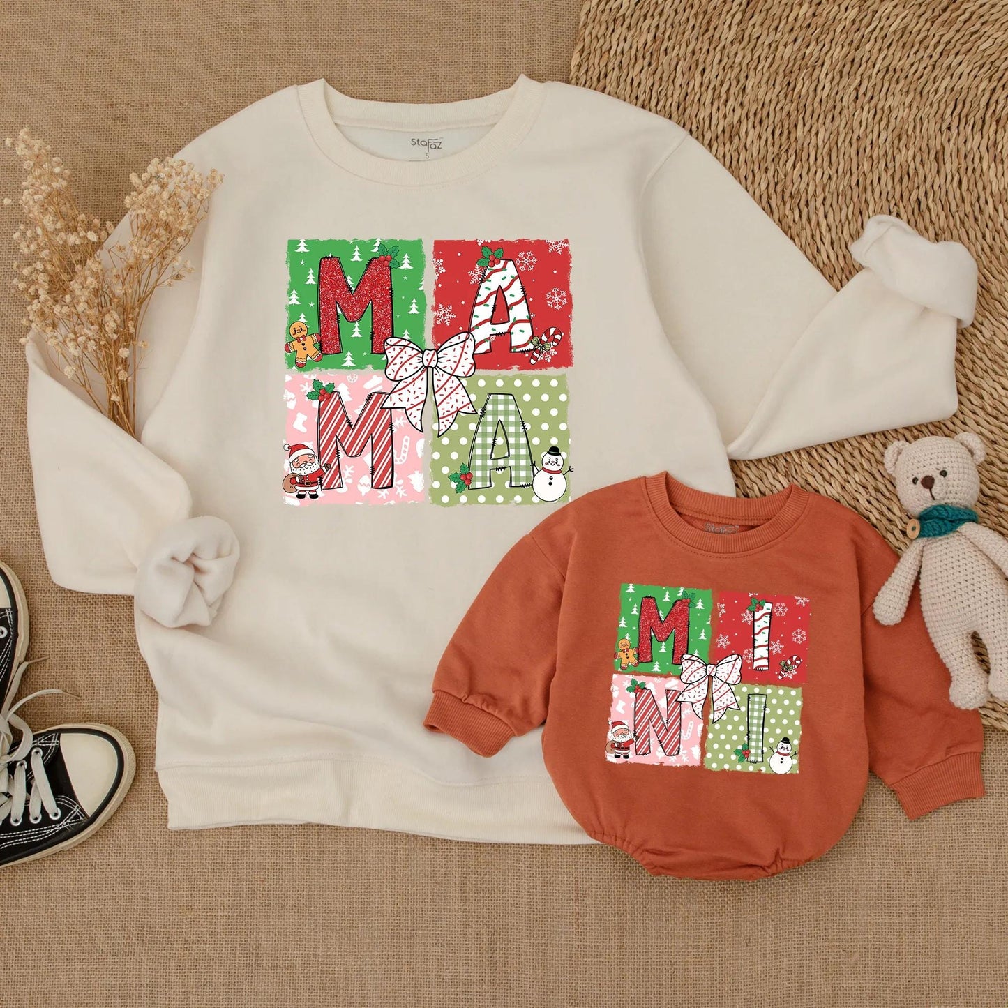 Festive Mama & Mini Christmas Sweatshirts, Matching Mommy and Me Holiday Sweaters, Playful Red Green Pink Graphic Outfit Cute Mother Daughter Gift