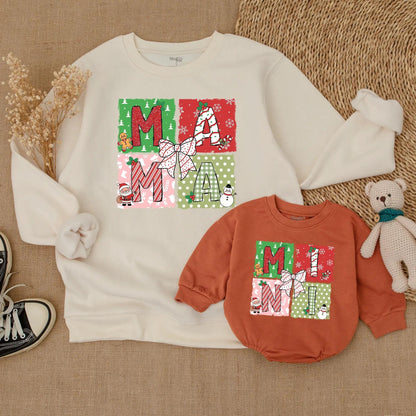 Festive Mama & Mini Christmas Sweatshirts, Matching Mommy and Me Holiday Sweaters, Playful Red Green Pink Graphic Outfit Cute Mother Daughter Gift