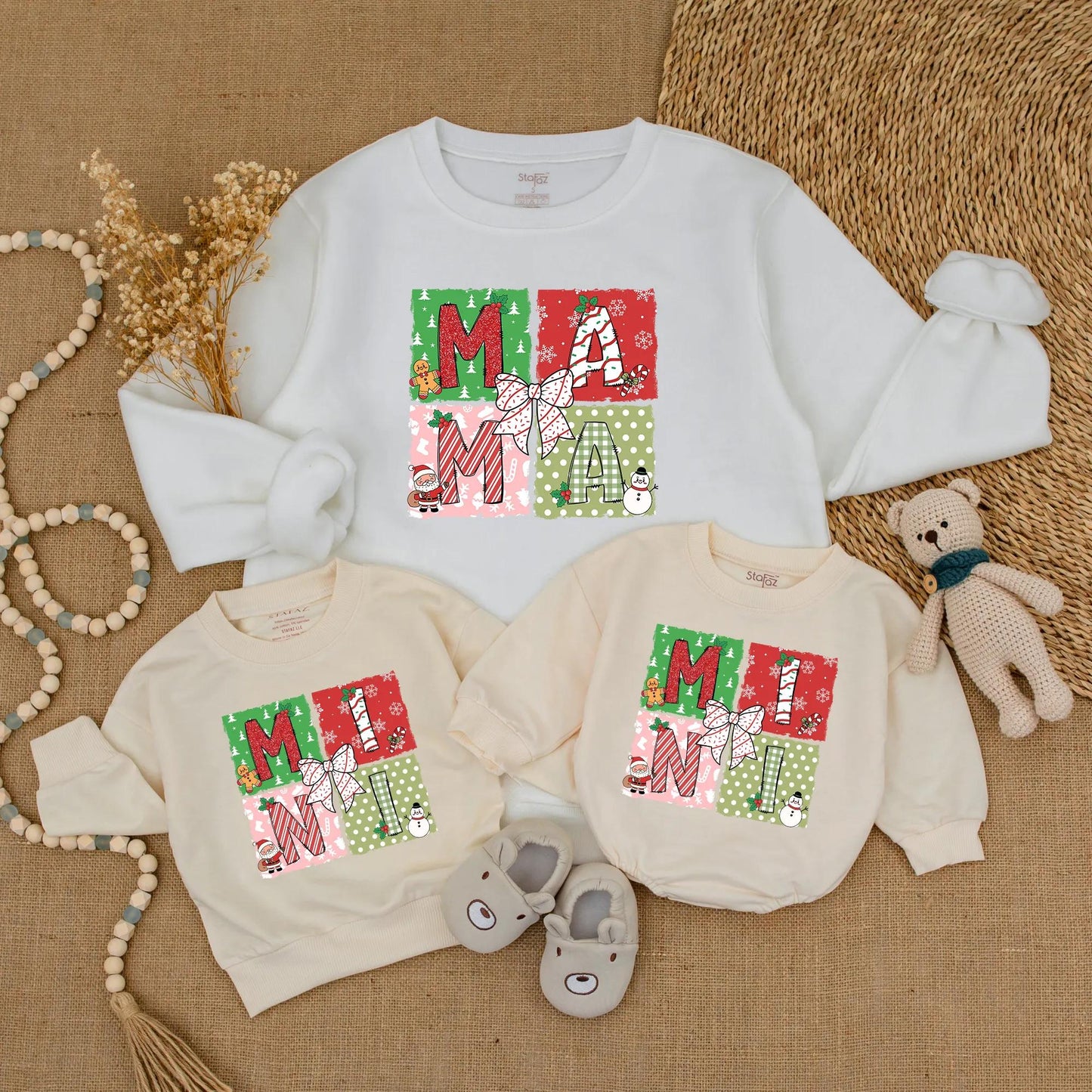 Festive Mama & Mini Christmas Sweatshirts, Matching Mommy and Me Holiday Sweaters, Playful Red Green Pink Graphic Outfit Cute Mother Daughter Gift