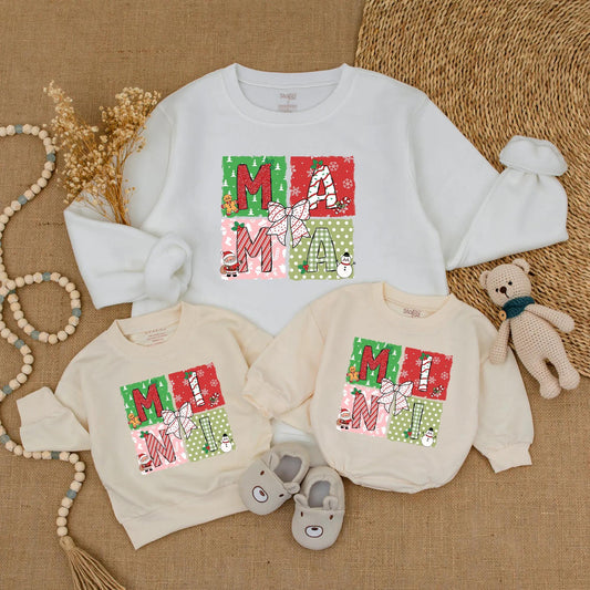 Festive Mama & Mini Christmas Sweatshirts, Matching Mommy and Me Holiday Sweaters, Playful Red Green Pink Graphic Outfit Cute Mother Daughter Gift