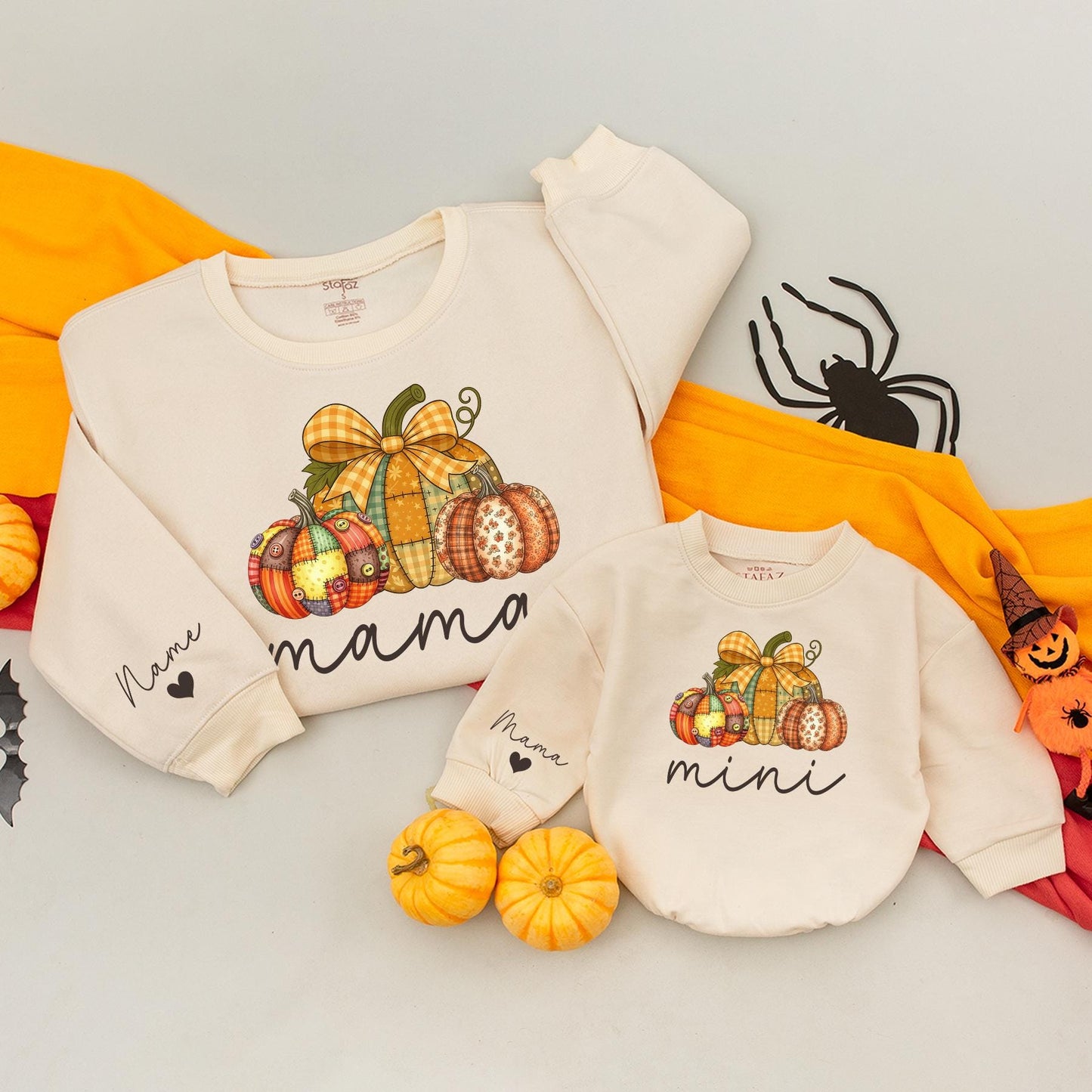 Personalized Mama Mini Matching Fall Sweatshirt Outfit with Plaid Pumpkins, festive Autumn Family Clothes, Cozy Cursive Print Mom Baby Gift