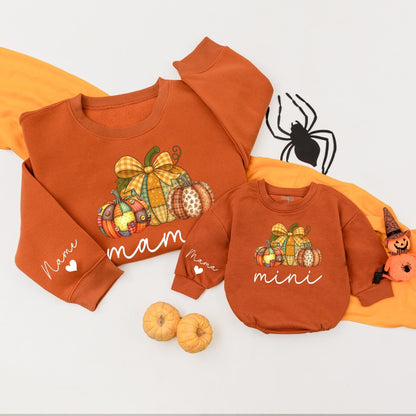 Personalized Mama Mini Matching Fall Sweatshirt Outfit with Plaid Pumpkins, festive Autumn Family Clothes, Cozy Cursive Print Mom Baby Gift